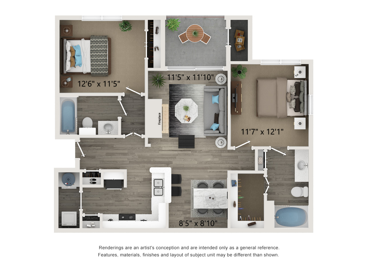two bed two bath 992 square foot floor plan