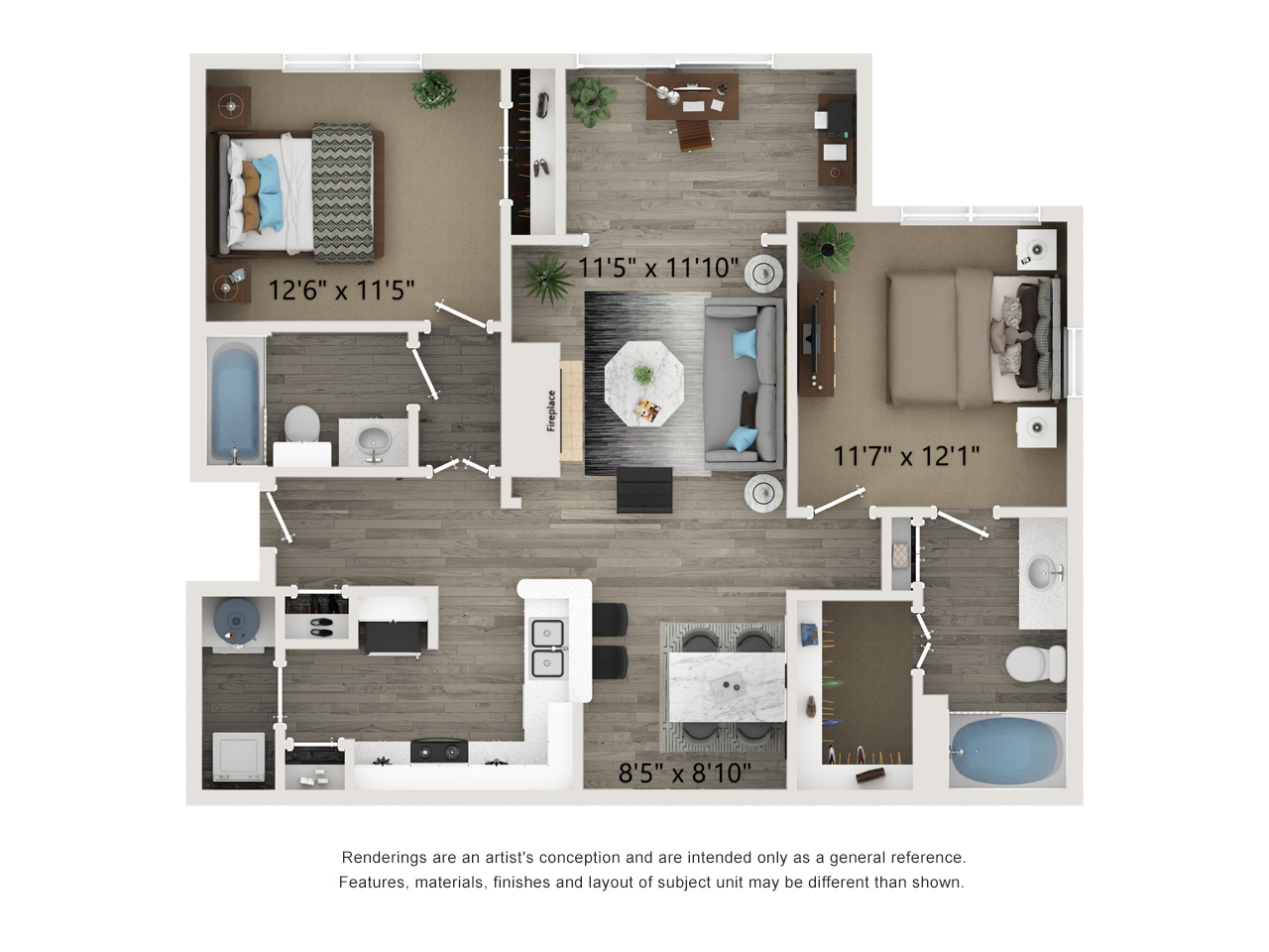 two bed two bath 1,088 square foot floor plan