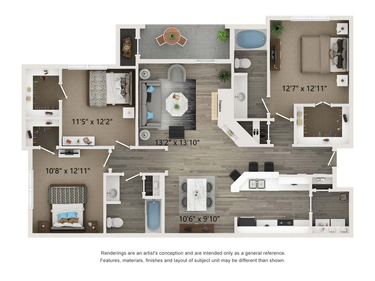 three bed two bath 1,331 square foot floor plan